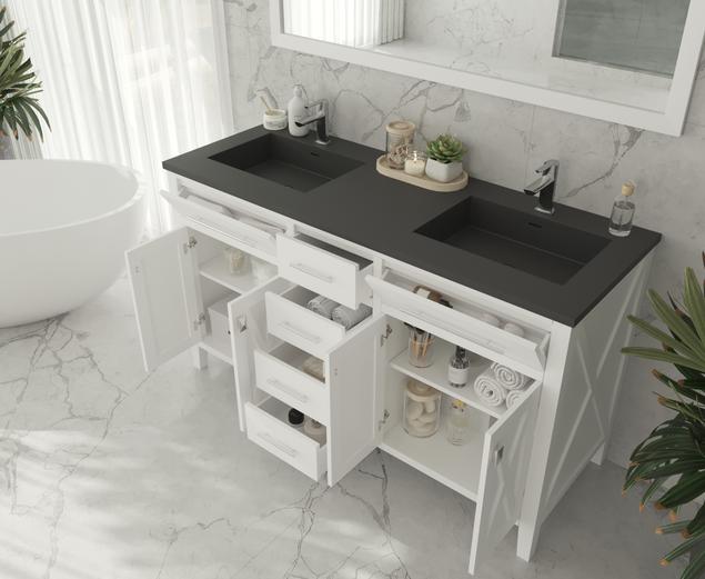 Laviva Wimbledon 60" White Double Sink Bathroom Vanity with Matte Black VIVA Stone Solid Surface Countertop