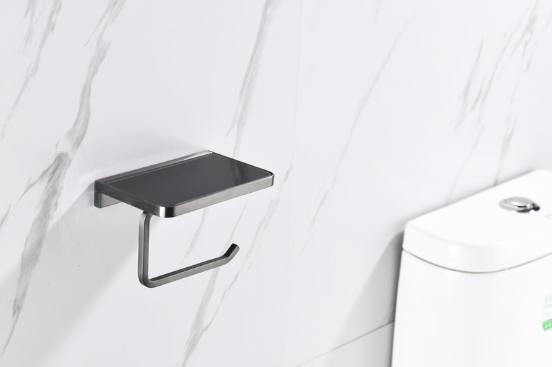 Lexora Bagno Bianca Stainless Steel Black Glass Shelf w/ Toilet Paper Holder - Gun Metal LSP18152GM-BG