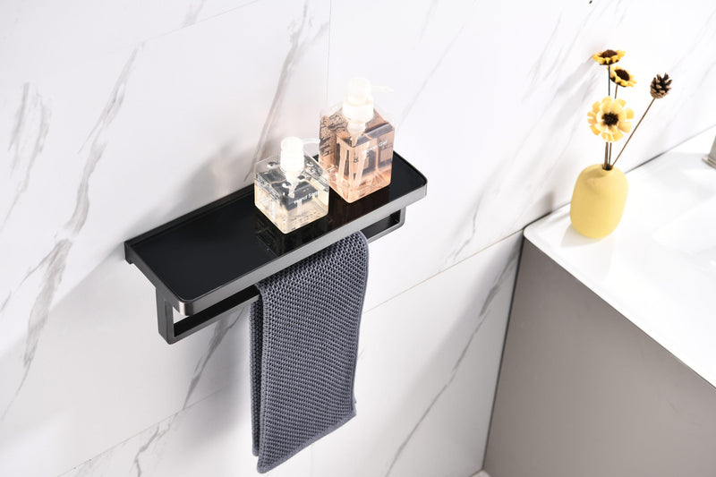 Lexora Bagno Bianca Stainless Steel Black Glass Shelf w/ Towel Bar - Gun Metal LST18152GM-BG