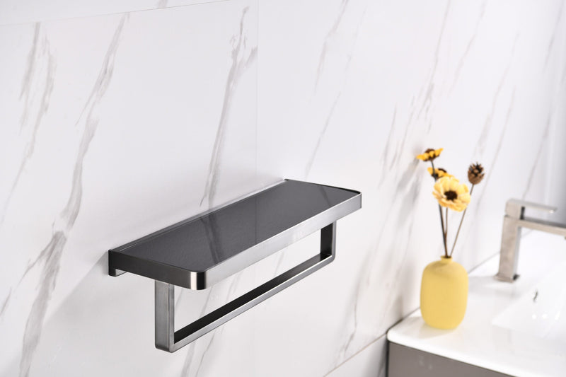 Lexora Bagno Bianca Stainless Steel Black Glass Shelf w/ Towel Bar - Gun Metal LST18152GM-BG