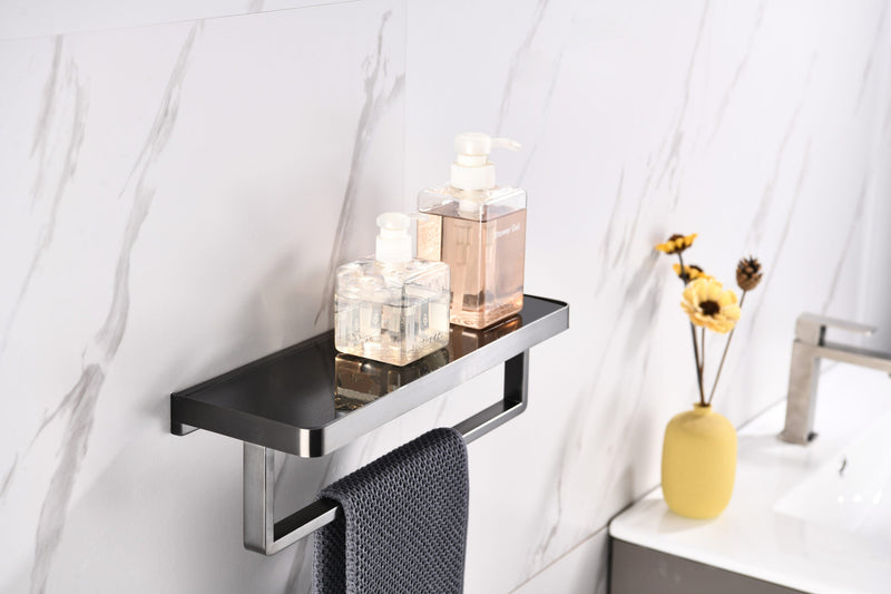 Lexora Bagno Bianca Stainless Steel Black Glass Shelf w/ Towel Bar - Gun Metal LST18152GM-BG