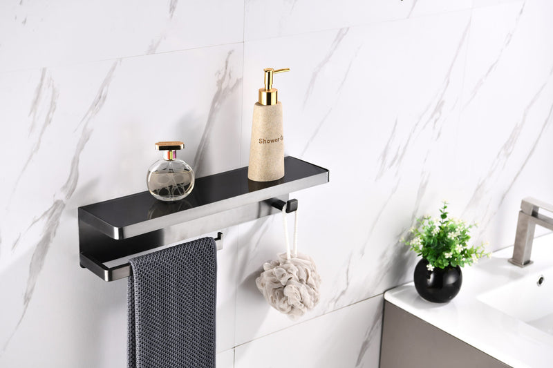 Lexora Bagno Bianca Stainless Steel Black Glass Shelf w/ Towel Bar & Robe Hook - Gun Metal LSTR18152GM-BG