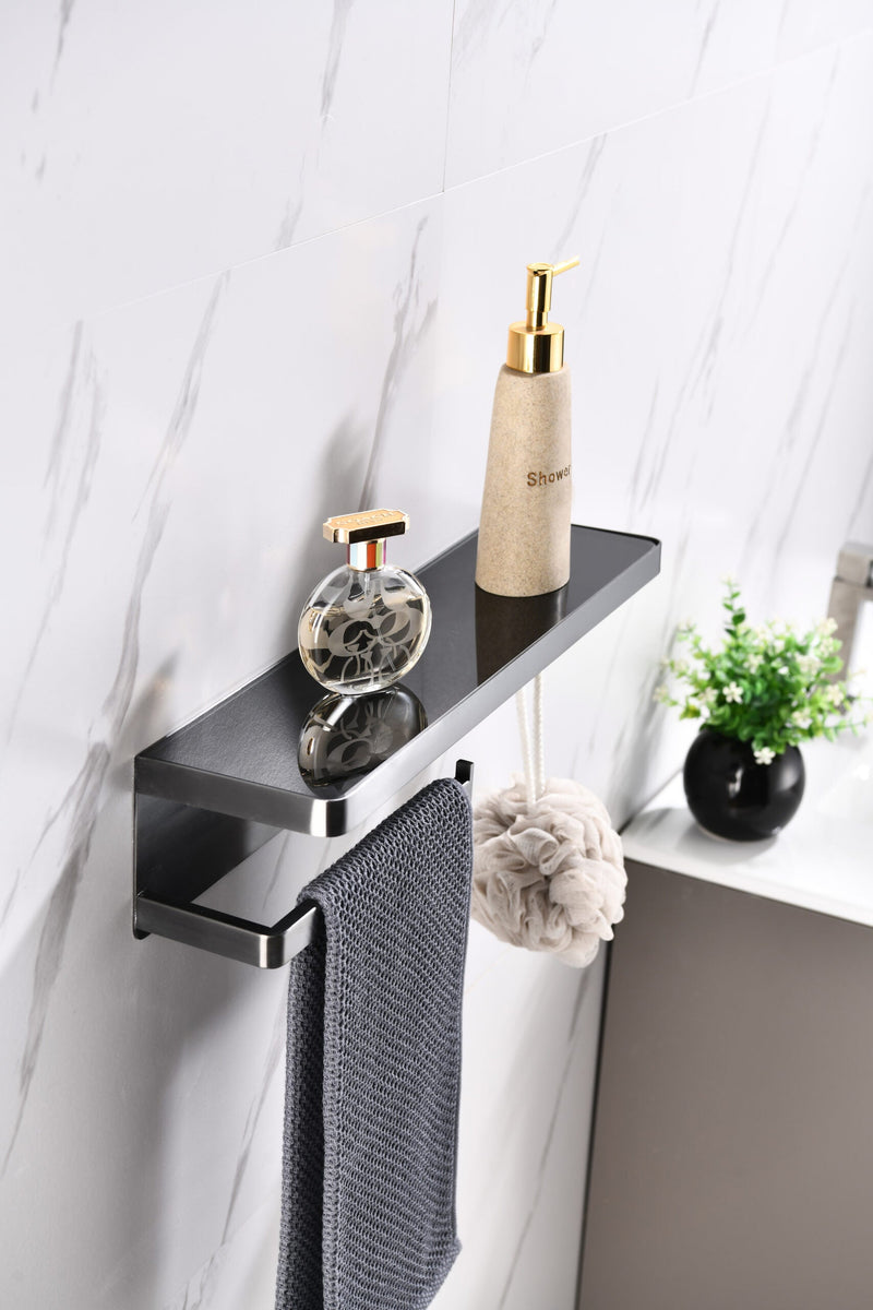 Lexora Bagno Bianca Stainless Steel Black Glass Shelf w/ Towel Bar & Robe Hook - Gun Metal LSTR18152GM-BG