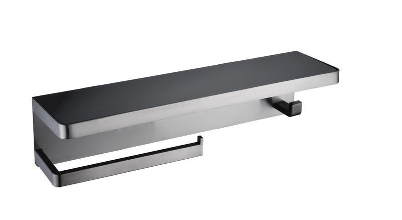 Lexora Bagno Bianca Stainless Steel Black Glass Shelf w/ Towel Bar & Robe Hook - Gun Metal LSTR18152GM-BG