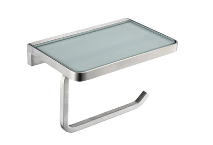 Lexora Bagno Bianca Stainless Steel White Glass Shelf w/ Toilet Paper Holder - Brushed Nickel LSP18152BN-WG