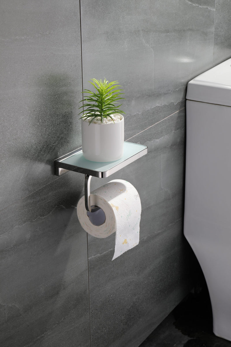 Lexora Bagno Bianca Stainless Steel White Glass Shelf w/ Toilet Paper Holder - Chrome LSP18152PC-WG
