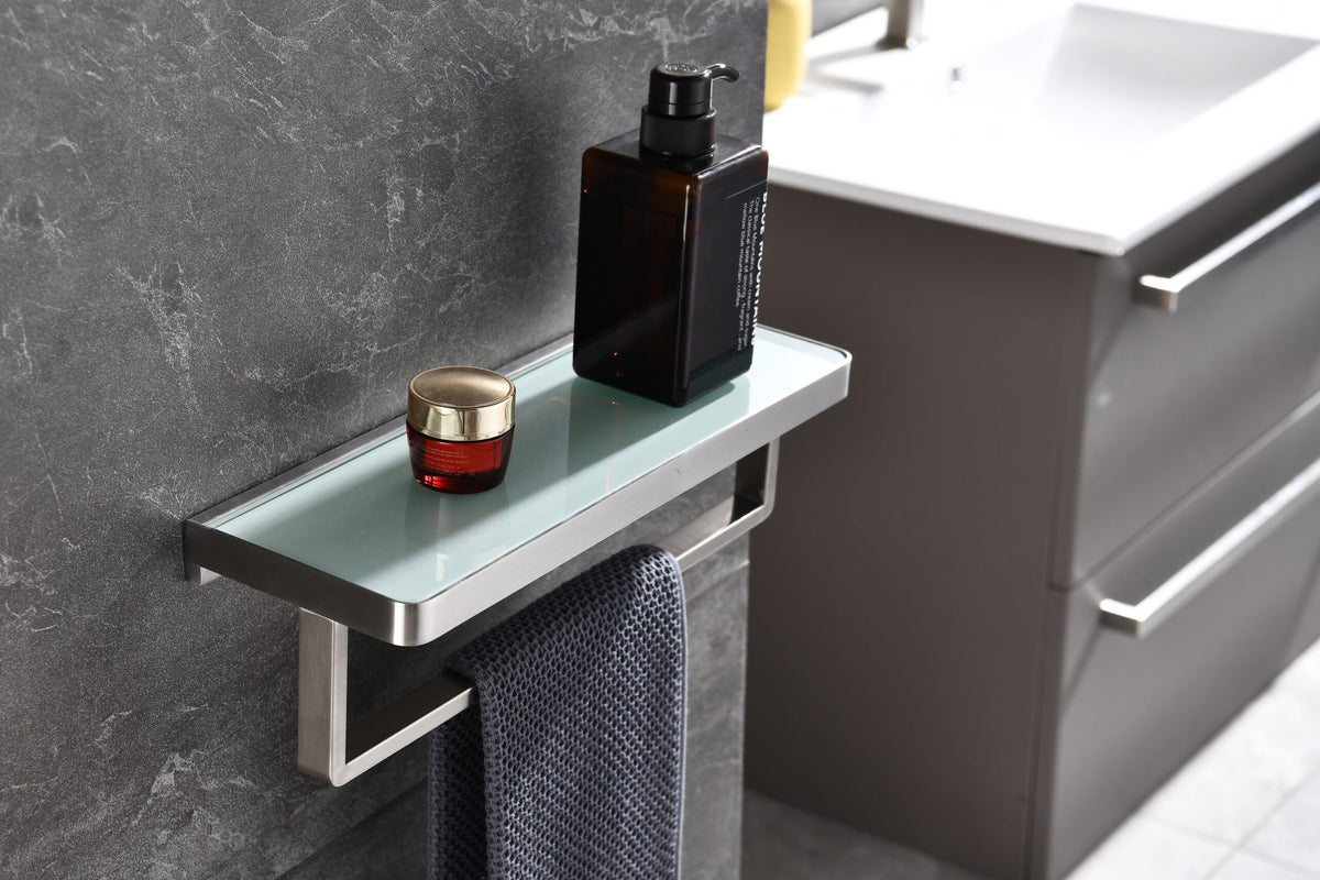 Lexora Bagno Bianca Stainless Steel White Glass Shelf w/ Towel Bar - Brushed Nickel LST18152BN-WG - MyBBQDirect