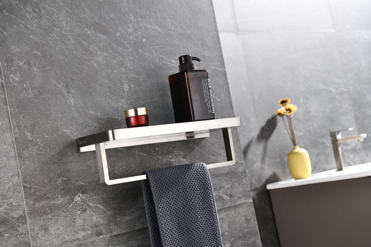 Lexora Bagno Bianca Stainless Steel White Glass Shelf w/ Towel Bar - Brushed Nickel LST18152BN-WG - MyBBQDirect