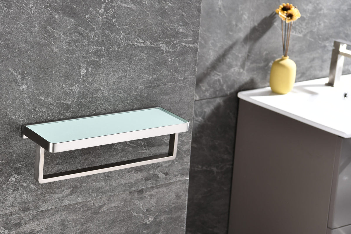 Lexora Bagno Bianca Stainless Steel White Glass Shelf w/ Towel Bar - Brushed Nickel LST18152BN-WG - MyBBQDirect