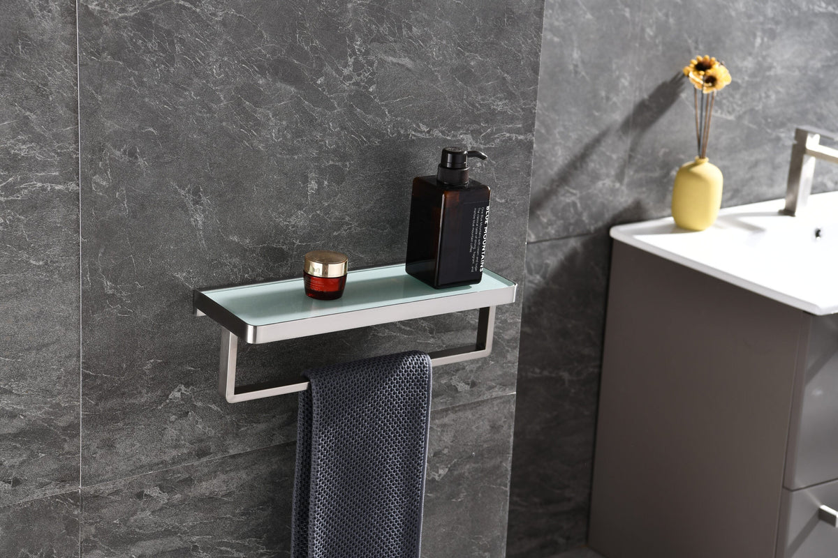Lexora Bagno Bianca Stainless Steel White Glass Shelf w/ Towel Bar - Brushed Nickel LST18152BN-WG - MyBBQDirect