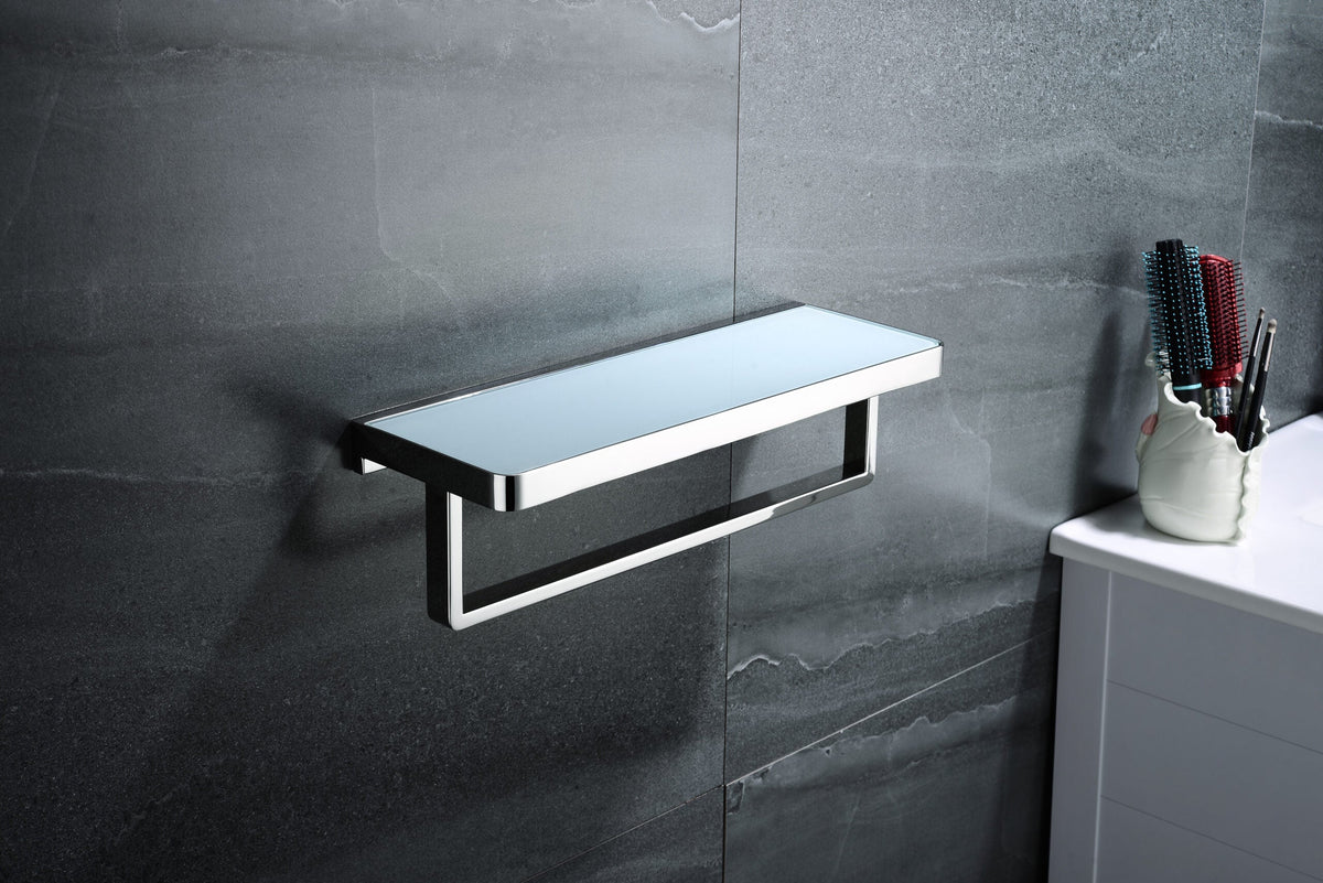 Lexora Bagno Bianca Stainless Steel White Glass Shelf w/ Towel Bar - Chrome LST18152PC-WG - MyBBQDirect