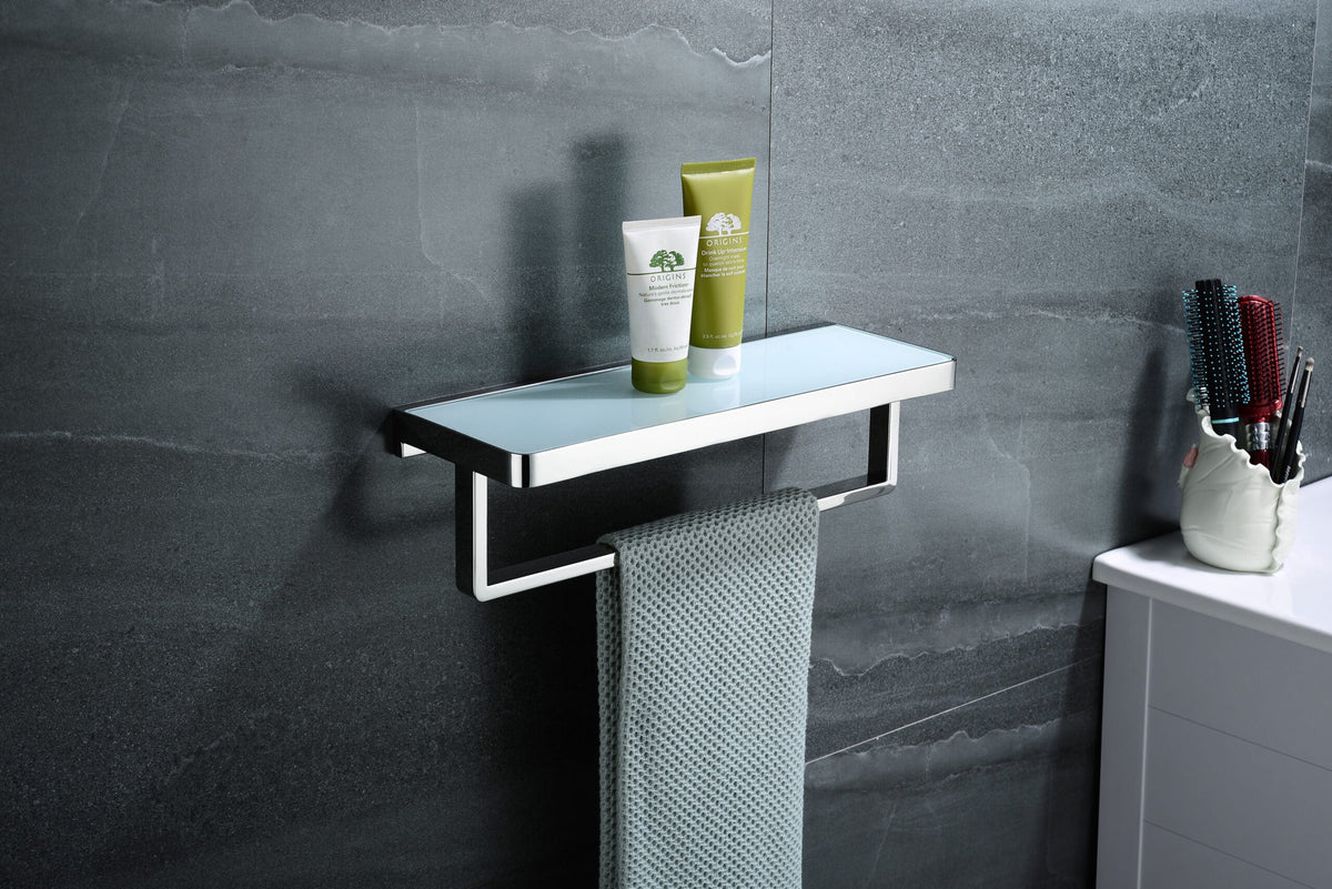 Lexora Bagno Bianca Stainless Steel White Glass Shelf w/ Towel Bar - Chrome LST18152PC-WG - MyBBQDirect