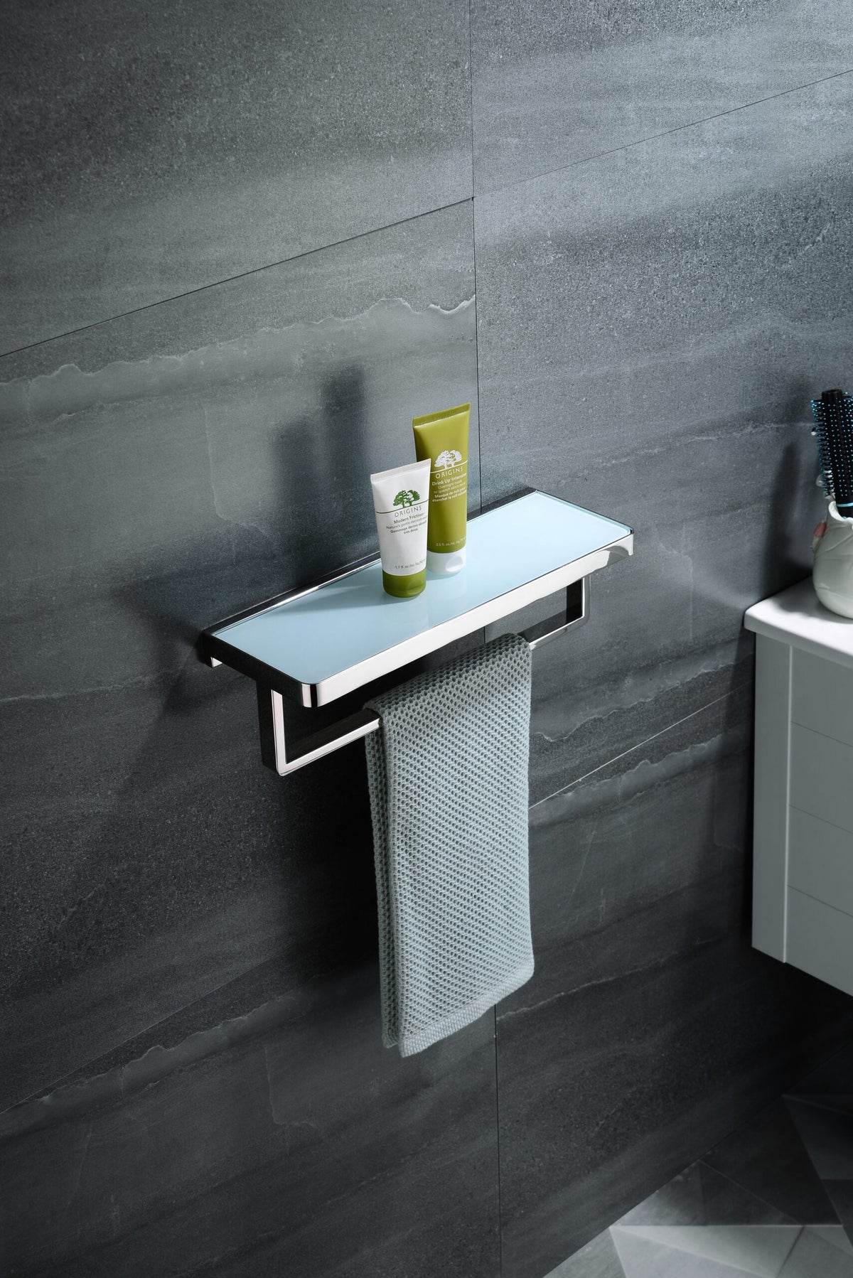 Lexora Bagno Bianca Stainless Steel White Glass Shelf w/ Towel Bar - Chrome LST18152PC-WG - MyBBQDirect