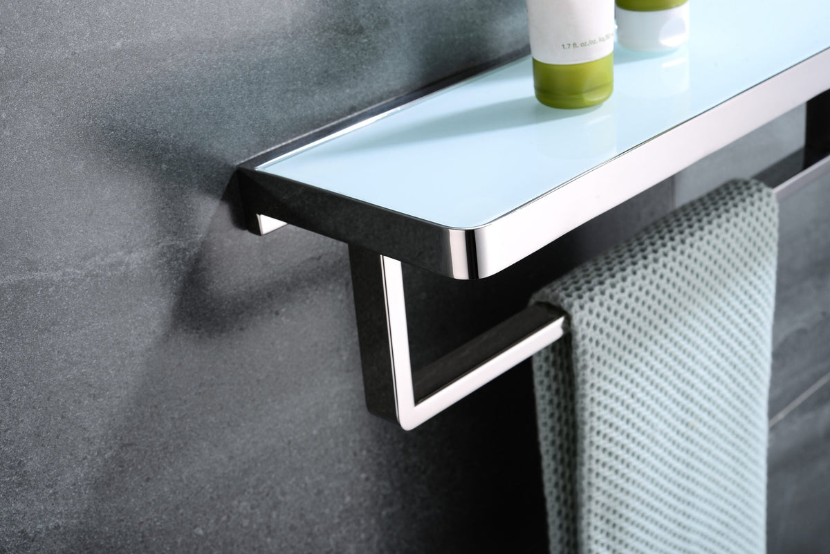 Lexora Bagno Bianca Stainless Steel White Glass Shelf w/ Towel Bar - Chrome LST18152PC-WG - MyBBQDirect