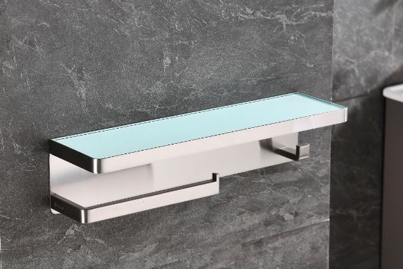 Lexora Bagno Bianca Stainless Steel White Glass Shelf w/ Towel Bar & Robe Hook - Brushed Nickel LSTR18152BN-WG