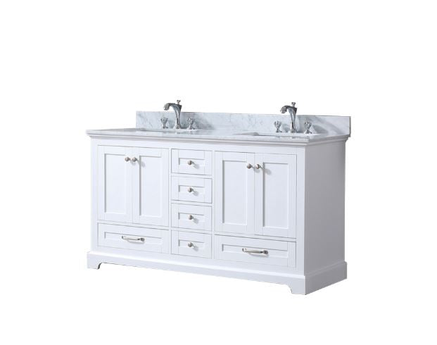 Lexora Dukes 60" White Double Vanity, White Carrara Marble Top, White Square Sinks and no Mirror LD342260DADS000