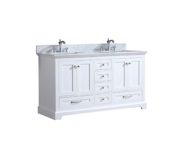 Lexora Dukes 60" White Double Vanity, White Carrara Marble Top, White Square Sinks and no Mirror LD342260DADS000