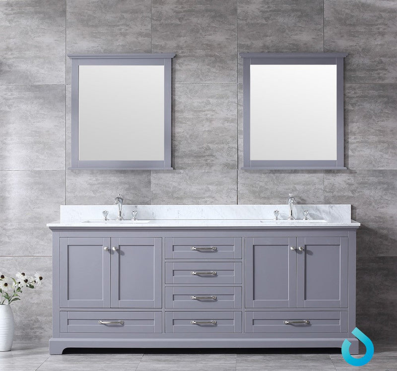 Lexora Dukes 80" Dark Grey Double Vanity, White Carrara Marble Top, White Square Sinks and 30" Mirrors LD342280DBDSM30