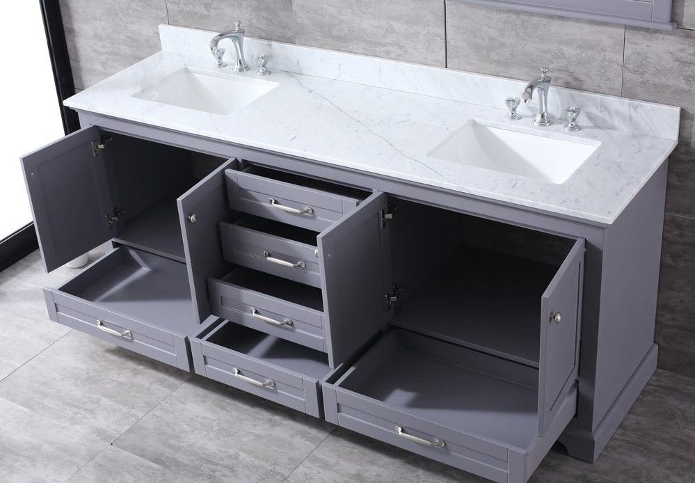 Lexora Dukes 80" Dark Grey Double Vanity, White Carrara Marble Top, White Square Sinks and 30" Mirrors LD342280DBDSM30 - MyBBQDirect