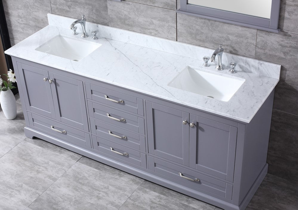 Lexora Dukes 80" Dark Grey Double Vanity, White Carrara Marble Top, White Square Sinks and 30" Mirrors LD342280DBDSM30 - MyBBQDirect