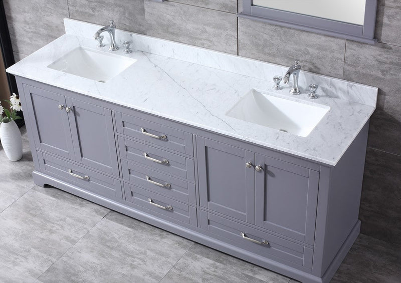 Lexora Dukes 80" Dark Grey Double Vanity, White Carrara Marble Top, White Square Sinks and 30" Mirrors LD342280DBDSM30