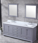 Lexora Dukes 80" Dark Grey Double Vanity, White Carrara Marble Top, White Square Sinks and 30" Mirrors LD342280DBDSM30 - MyBBQDirect