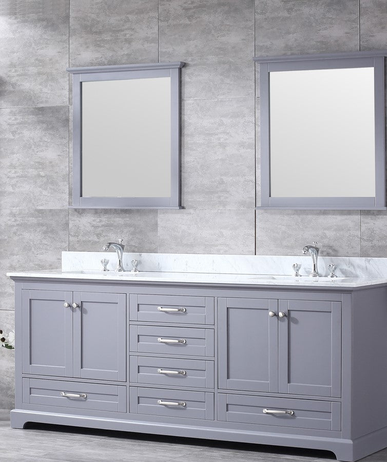 Lexora Dukes 80" Dark Grey Double Vanity, White Carrara Marble Top, White Square Sinks and 30" Mirrors LD342280DBDSM30