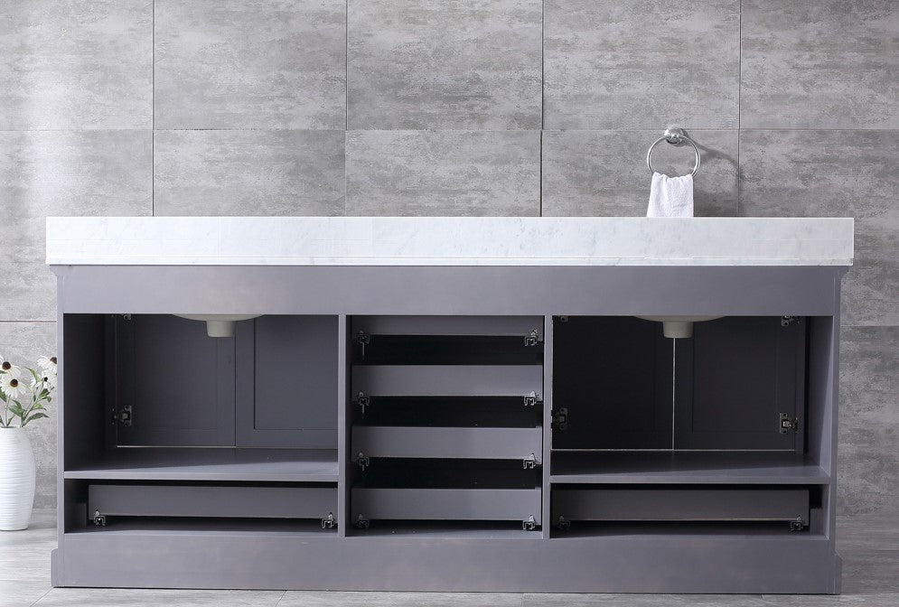 Lexora Dukes 80" Dark Grey Double Vanity, White Carrara Marble Top, White Square Sinks and 30" Mirrors LD342280DBDSM30 - MyBBQDirect