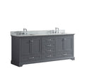 Lexora Dukes 80" Dark Grey Double Vanity, White Carrara Marble Top, White Square Sinks and no Mirror LD342280DBDS000