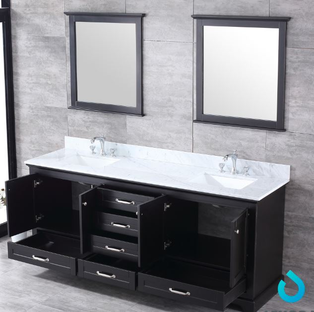 Lexora Dukes 80" Espresso Double Vanity, White Carrara Marble Top, White Square Sinks and 30" Mirrors LD342280DGDSM30 - MyBBQDirect