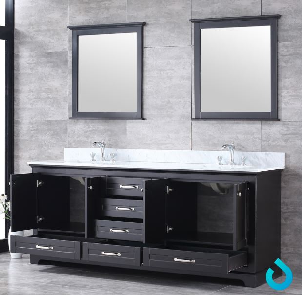 Lexora Dukes 80" Espresso Double Vanity, White Carrara Marble Top, White Square Sinks and 30" Mirrors LD342280DGDSM30