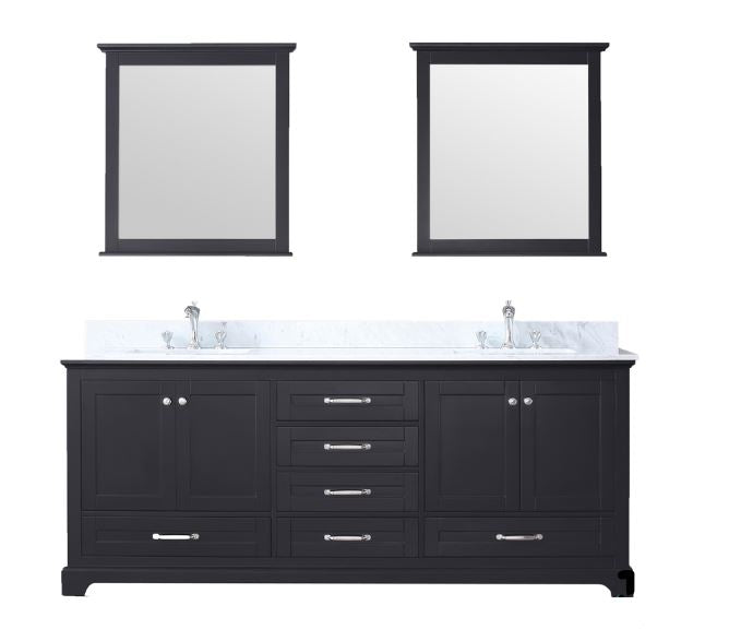Lexora Dukes 80" Espresso Double Vanity, White Carrara Marble Top, White Square Sinks and 30" Mirrors LD342280DGDSM30 - MyBBQDirect