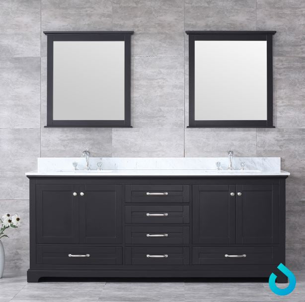 Lexora Dukes 80" Espresso Double Vanity, White Carrara Marble Top, White Square Sinks and 30" Mirrors LD342280DGDSM30