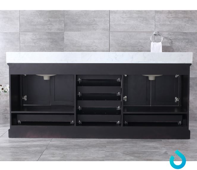 Lexora Dukes 80" Espresso Double Vanity, White Carrara Marble Top, White Square Sinks and 30" Mirrors LD342280DGDSM30 - MyBBQDirect