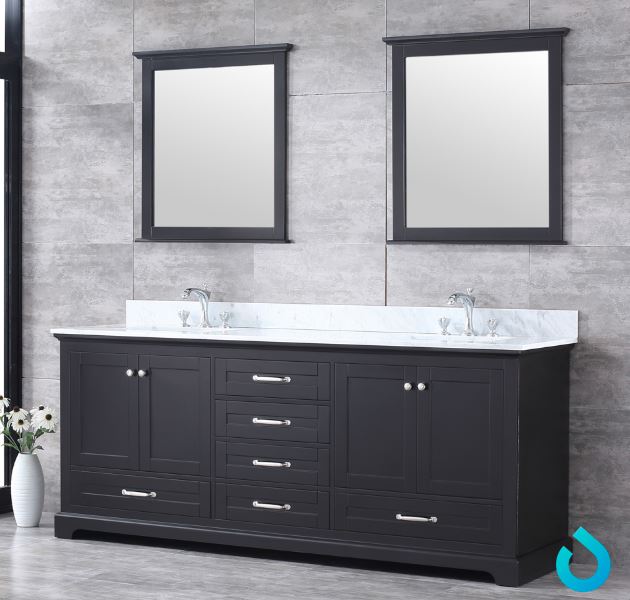 Lexora Dukes 80" Espresso Double Vanity, White Carrara Marble Top, White Square Sinks and 30" Mirrors LD342280DGDSM30 - MyBBQDirect