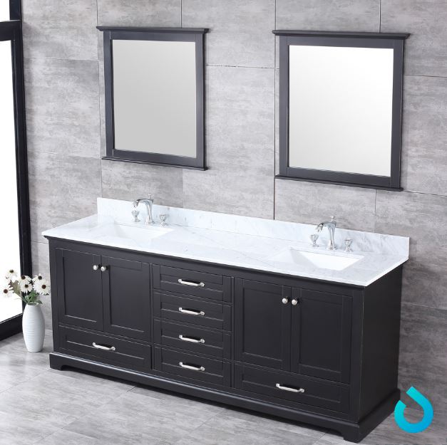 Lexora Dukes 80" Espresso Double Vanity, White Carrara Marble Top, White Square Sinks and 30" Mirrors LD342280DGDSM30 - MyBBQDirect