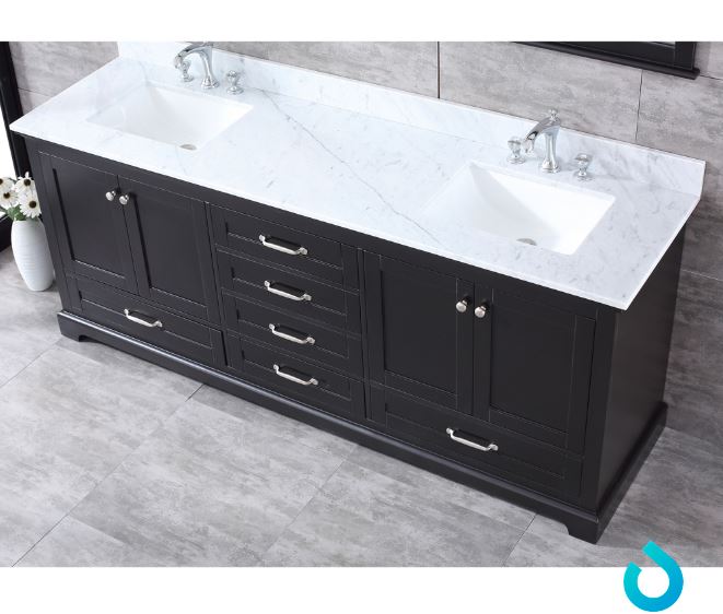 Lexora Dukes 80" Espresso Double Vanity, White Carrara Marble Top, White Square Sinks and 30" Mirrors LD342280DGDSM30