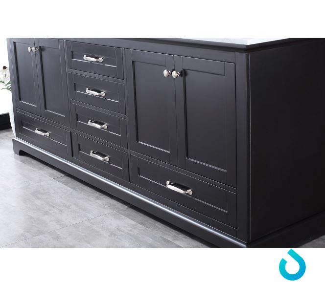 Lexora Dukes 80" Espresso Double Vanity, White Carrara Marble Top, White Square Sinks and 30" Mirrors LD342280DGDSM30 - MyBBQDirect