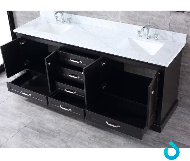 Lexora Dukes 80" Espresso Double Vanity, White Carrara Marble Top, White Square Sinks and 30" Mirrors LD342280DGDSM30 - MyBBQDirect