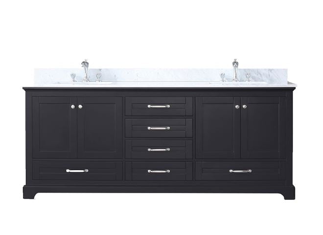 Lexora Dukes 80" Espresso Double Vanity, White Carrara Marble Top, White Square Sinks and no Mirror LD342280DGDS000