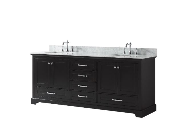 Lexora Dukes 80" Espresso Double Vanity, White Carrara Marble Top, White Square Sinks and no Mirror LD342280DGDS000