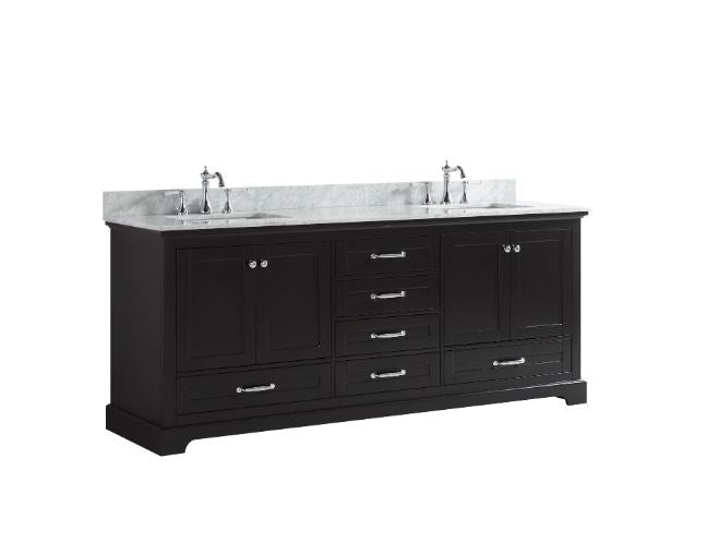 Lexora Dukes 80" Espresso Double Vanity, White Carrara Marble Top, White Square Sinks and no Mirror LD342280DGDS000