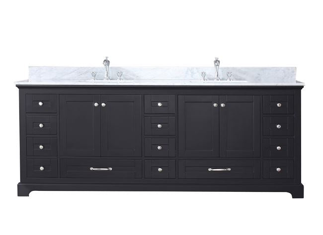 Lexora Dukes 84" Espresso Double Vanity, White Carrara Marble Top, White Square Sinks and no Mirror LD342284DGDS000