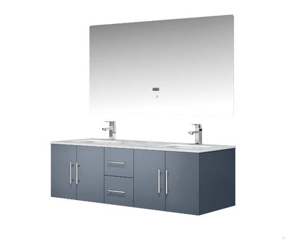 Lexora Geneva 60" Dark Grey Double Vanity, White Carrara Marble Top, White Square Sinks and 60" LED Mirror LG192260DBDSLM60 - MyBBQDirect