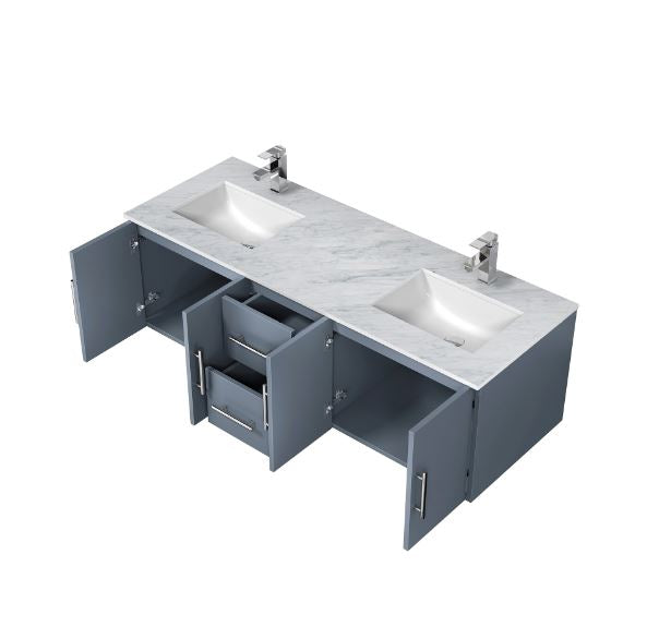 Lexora Geneva 60" Dark Grey Double Vanity, White Carrara Marble Top, White Square Sinks and 60" LED Mirror LG192260DBDSLM60 - MyBBQDirect