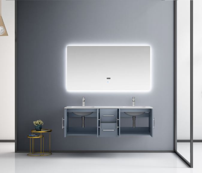 Lexora Geneva 60" Dark Grey Double Vanity, White Carrara Marble Top, White Square Sinks and 60" LED Mirror LG192260DBDSLM60 - MyBBQDirect