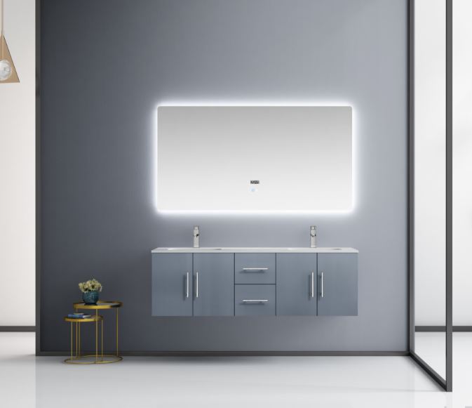 Lexora Geneva 60" Dark Grey Double Vanity, White Carrara Marble Top, White Square Sinks and 60" LED Mirror LG192260DBDSLM60 - MyBBQDirect