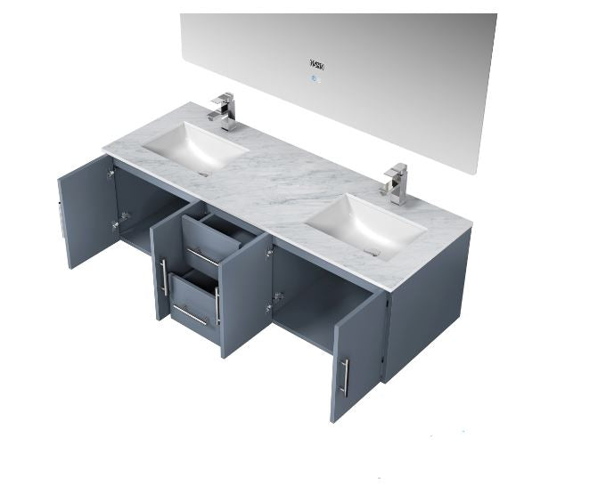 Lexora Geneva 60" Dark Grey Double Vanity, White Carrara Marble Top, White Square Sinks and 60" LED Mirror LG192260DBDSLM60 - MyBBQDirect