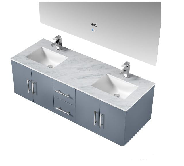 Lexora Geneva 60" Dark Grey Double Vanity, White Carrara Marble Top, White Square Sinks and 60" LED Mirror LG192260DBDSLM60 - MyBBQDirect