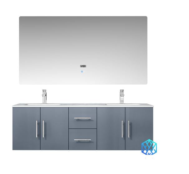 Lexora Geneva 60" Dark Grey Double Vanity, White Carrara Marble Top, White Square Sinks and 60" LED Mirror LG192260DBDSLM60 - MyBBQDirect